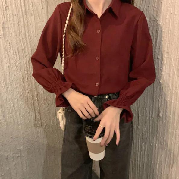 

WTEMPO Женские белые красные свободные рубашки с длинным рукавом на весну и осень, женские повседневные универсальные блузки с отложным воротником и пуговицами XL красный