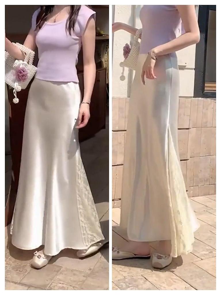 Stunning French Lace Patchwork Fishtail Midi Skirt: Silk-like Satin, Elegant Slim-Fit for Women