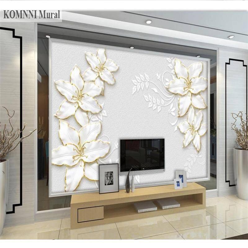 Simple and Elegant Embossed Mural Lotus Jewelry 3D Wallpaper Living Room Background Home Decoration Wall Mural