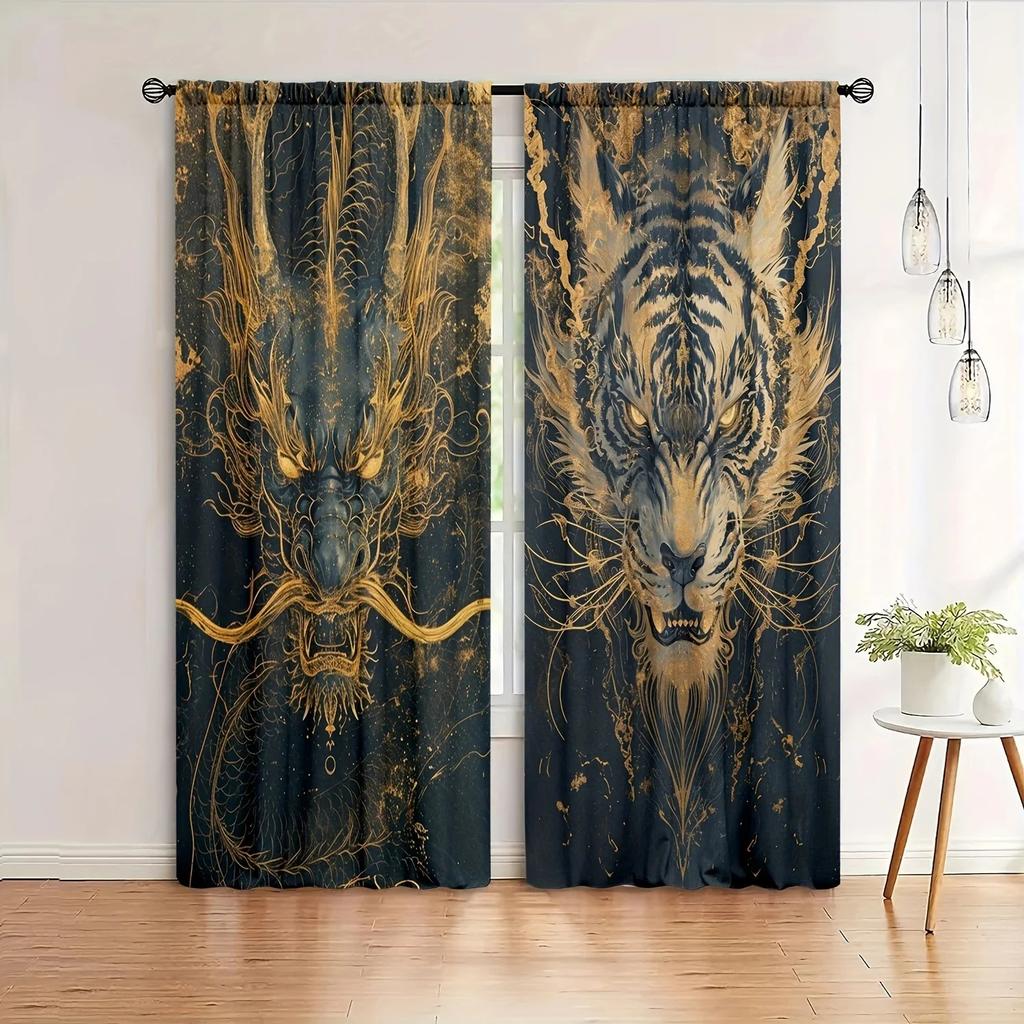 Set Of 2 Golden Dragon Tiger Vivid Curtains Polyester Window Drapes Festival Home Decor Curtain With Rod Pocket Light Blocking