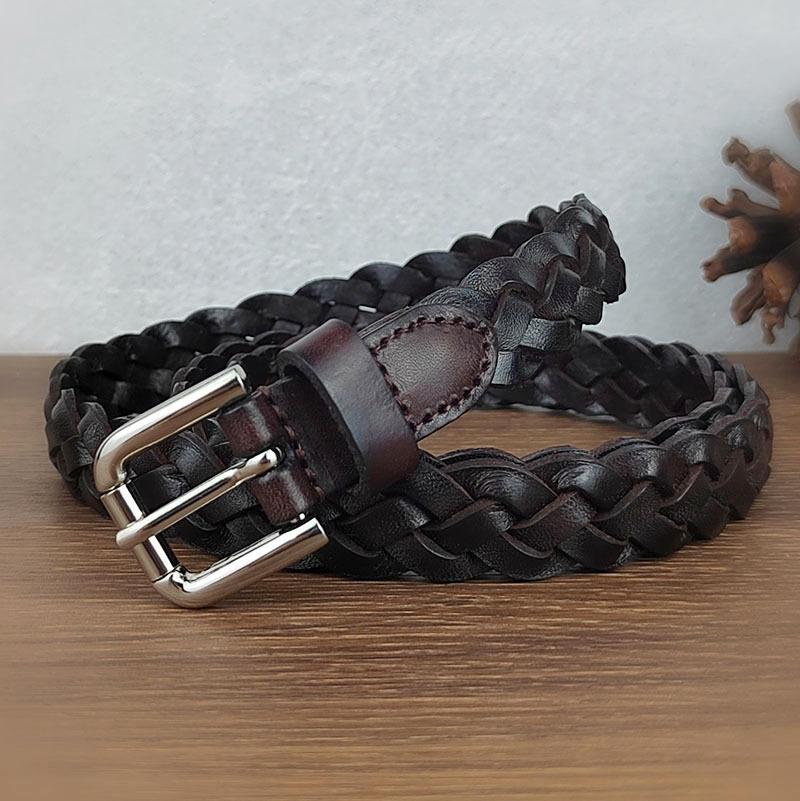 

Ремень плетеный женский из натуральной кожи, первый слой коровьей кожи, модный декоративный тонкий ремень, женский повседневный ремень с пряжкой 95-115Cm average size темно-коричневого