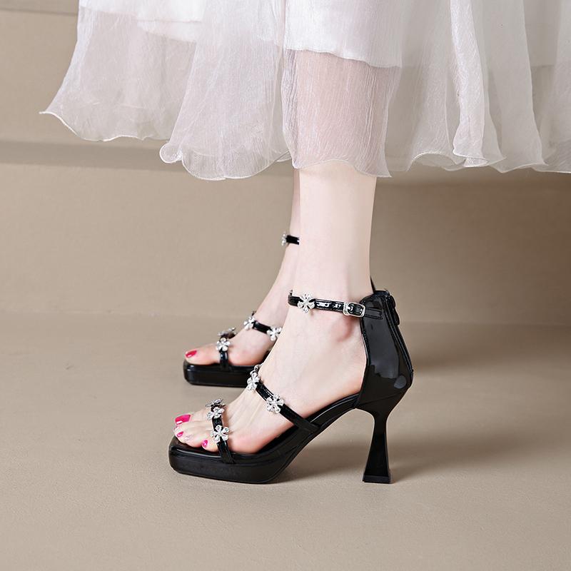 Fashion Women's Platform Heels Summer New Square Toe Rhinestone Slip Strap Open Toe Non-Slip Wear-Resistant Sandals
