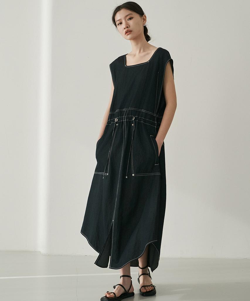 Dijainowol Denim String Long Dress_ Stitch Black