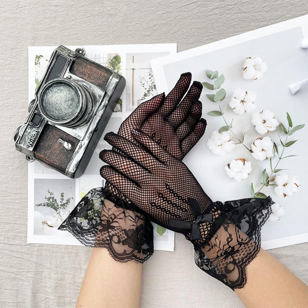 Thin Women Lace Mesh Gloves Bow Knot Etiquette Dress Gloves  Holiday Princess Birthday Party Gloves