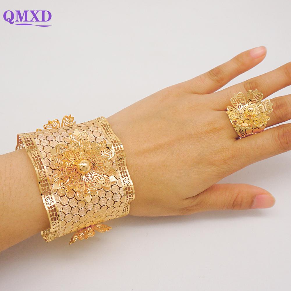 Dubai Gold Color Bangle With Ring For Women Charm Chain Cuff Bracelet Indian Bracelet Arabic France Bridal Wedding Jewelry Gifts