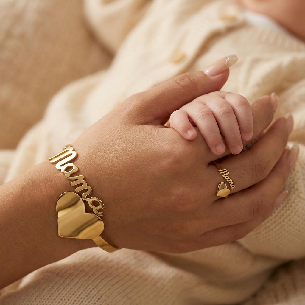 2 Pcs Gold Color Mama Letter Bracelet Ring Set For Women Love Heart Adjustable Bangle Finger Ring Mother's Day Mom Jewelry Gifts