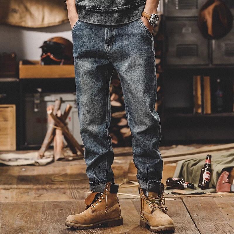 Jieleinuo Herren Amerikanischer Retro Locker Gerade Stein Gewaschene Jeans