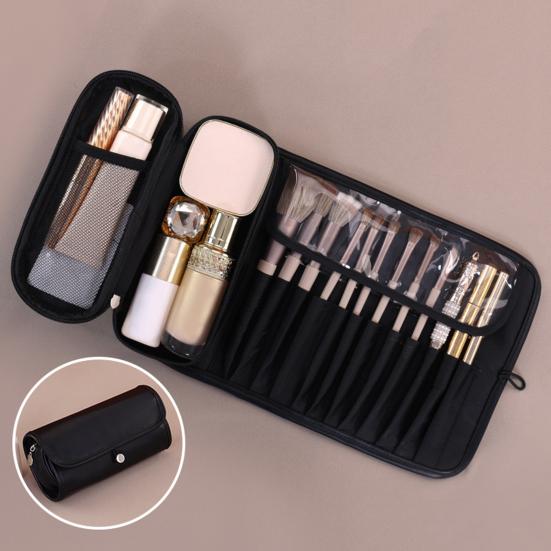 Travel Makeup Brush Bag Roll Up Makeup Brush Organizer 12 Slots Makeup Brush Case with Zipper Pocket for Cosmetic Essentials Makeup Brushes