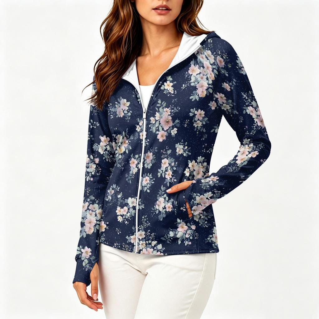 Chaqueta Ligera con Cremallera y Capucha para Mujer, Manga Larga, Estampado Floral, Protección Solar, Ropa Exterior con Bolsillos