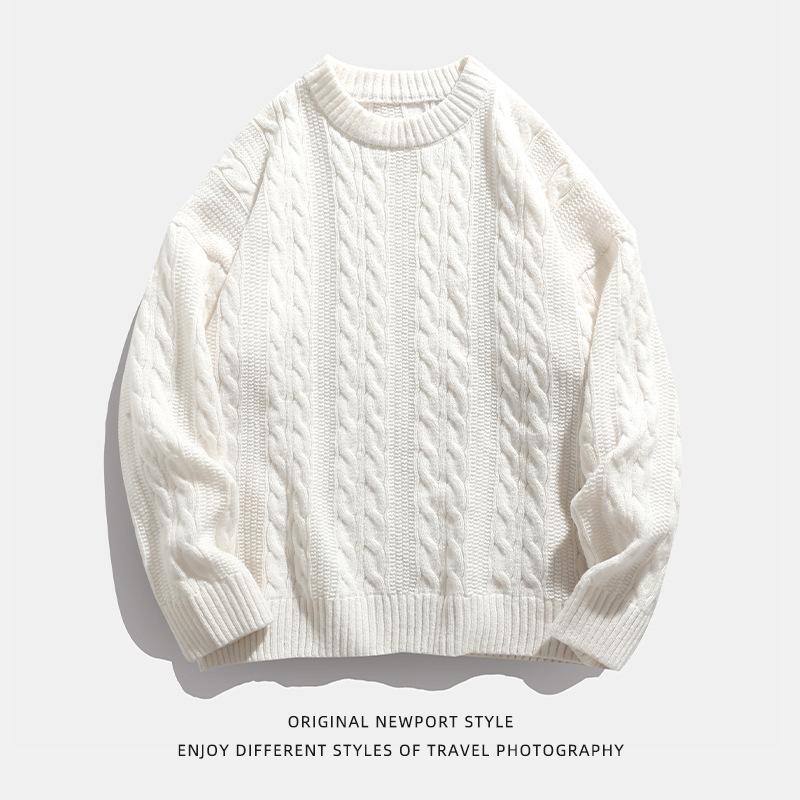 Japanese Style Men's Solid Crew Neck Sweater Autumn Winter Vintage Loose Casual Knitting Shirt
