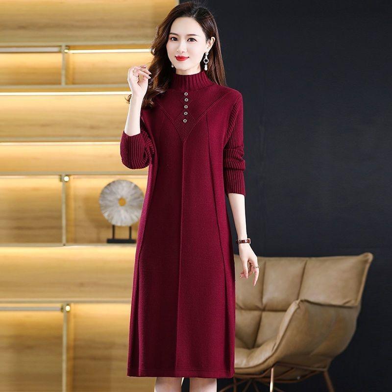 Neues Herbst-Winter Langes Überknie Lockeres High-End Kleid Einfarbig Mittellang Gestrickter Pullover Rock Basis
