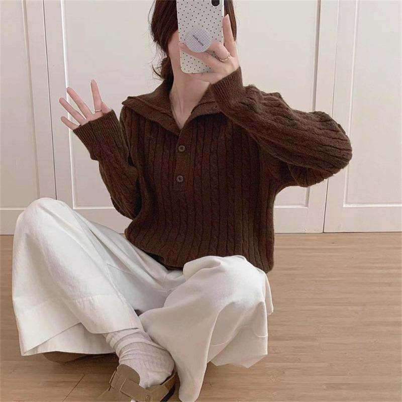 Retro twist lapel sweater women's top autumn and winter new lazy loose versatile temperament knitted sweater top
