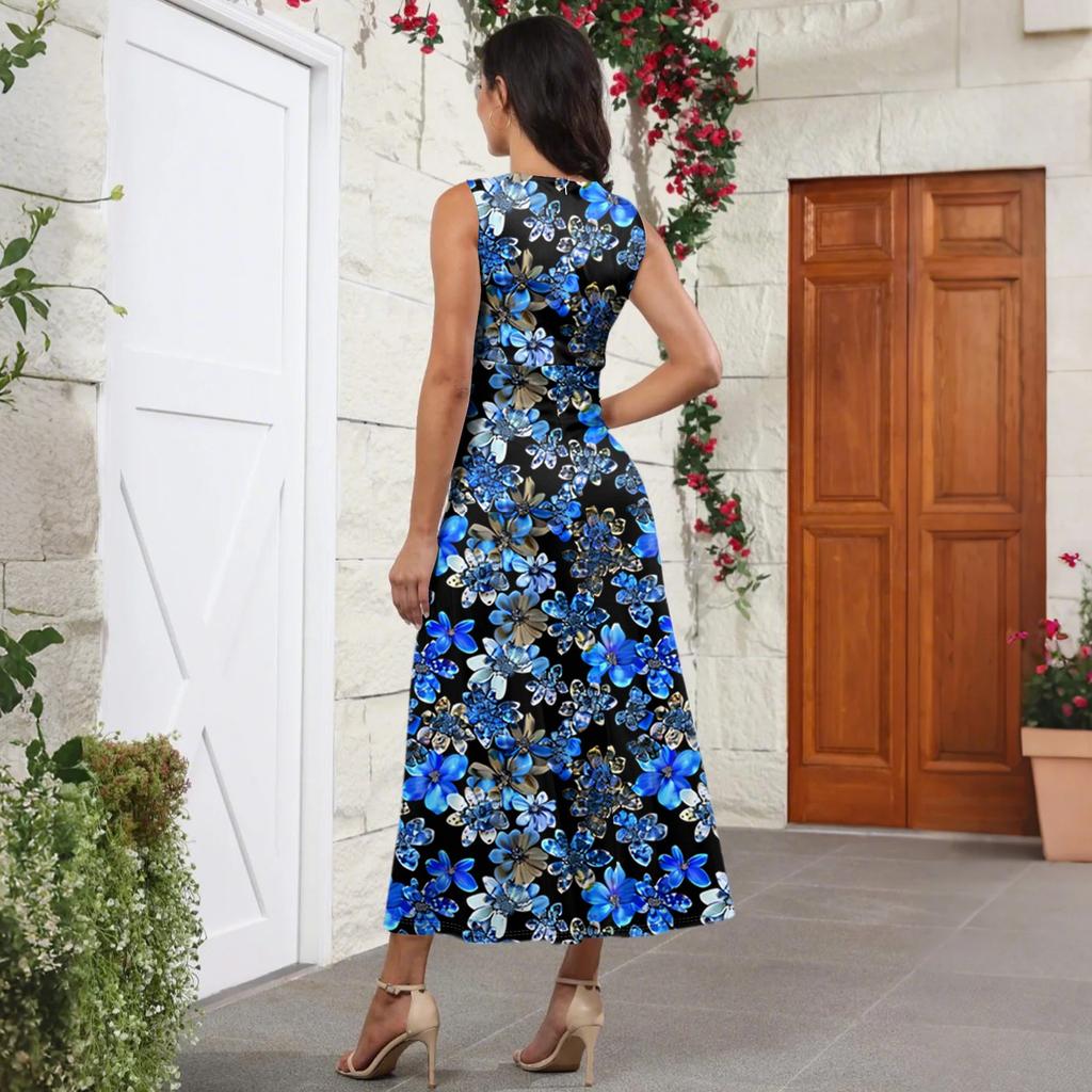 Women's Summer Fashion Retro Print V-Neck Sleeveless Long Dress