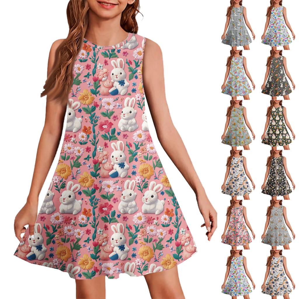 Girl Summer Dress Sleeveless Printed Color Casual Dress
