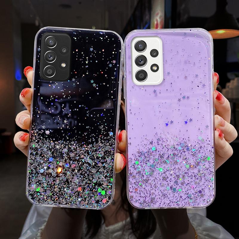 

Блестящий чехол для телефона со звездами для Samsung Galaxy A03 A03S A12 A02S A13 A21S A31 A51 A33 A53 A73 M52 M53, прозрачный мягкий силиконовый чехол из ТПУ, защитный чехол