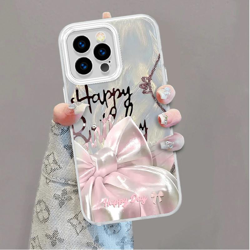 Upgraded Glitter Silver Case Happy Birthday Bowknot Printed Protective Shell Shockproof Full Back Cover for iPhone Samsung