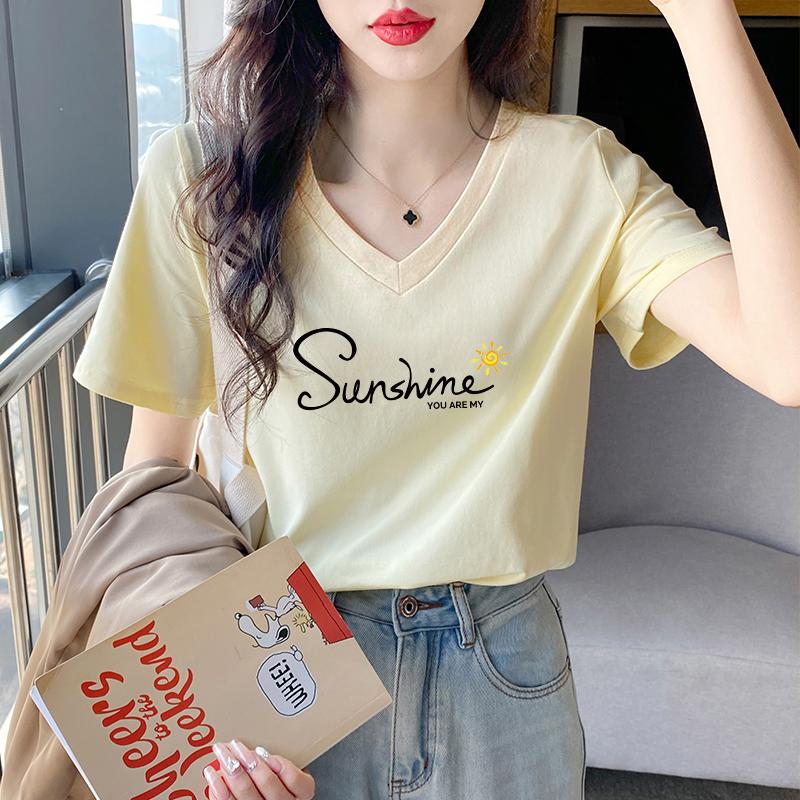 Pure cotton short-sleeved v-neck t-shirt women's loose summer casual versatile front shoulder pure cotton chicken heart collar top 2025 new