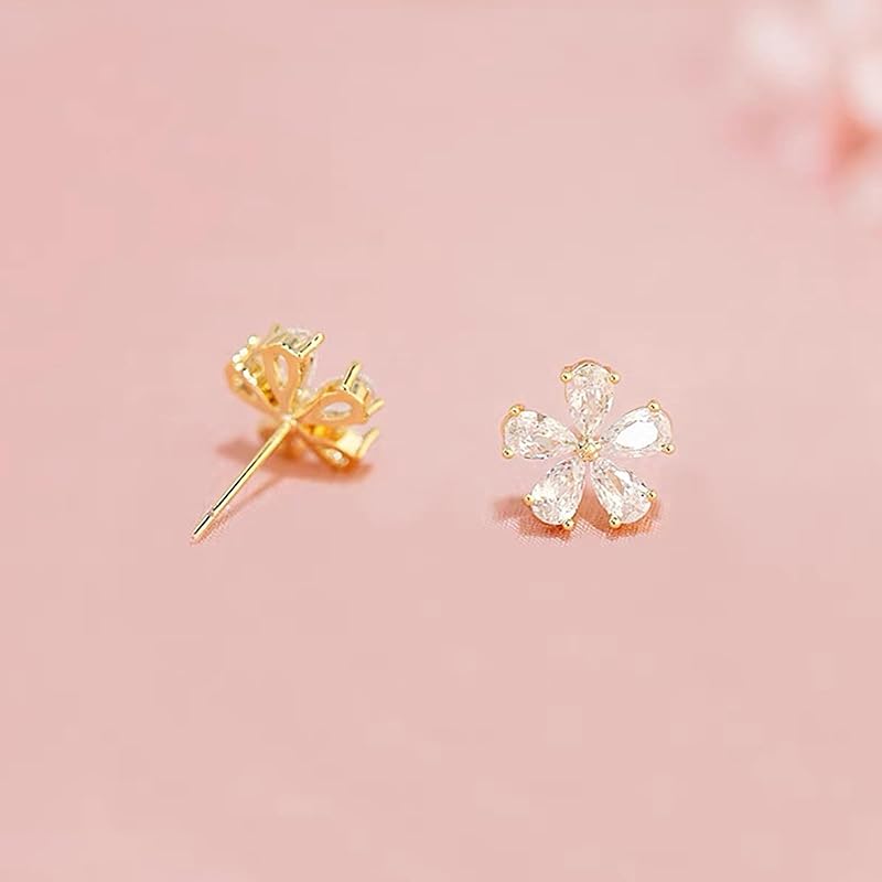 Cherry Blossoms Earrings Ladies Popularity Compatible with Metal Allergies Zirconia Flower Stud Leave It On Gold Celebration Day Birthday Wedding