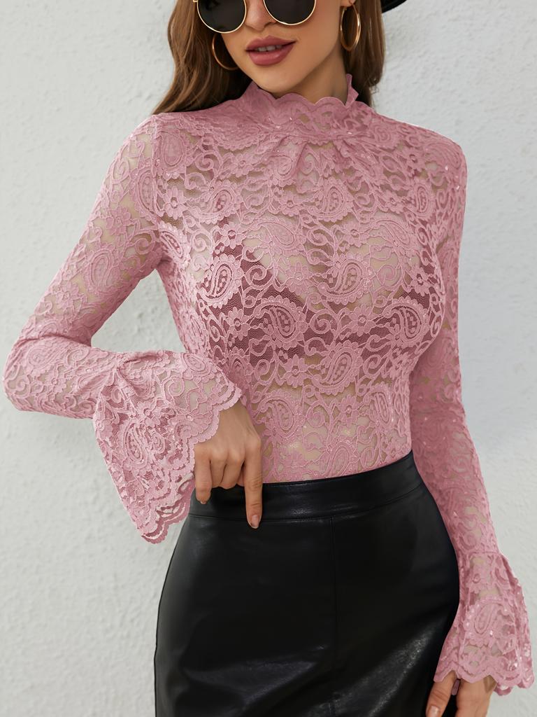 Sexy Paisley Lace Slim Flattering Outerwear Innerwear Bell Sleeve Top Women Fashion Daily Basic Office Lady Casual Slim Fit Ladies Elegant Top