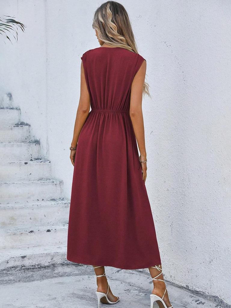 Women's Sleeveless Waist-Hugging Long Dress - Summer/Autumn, Elegant European & American Style, Slimming Fit
