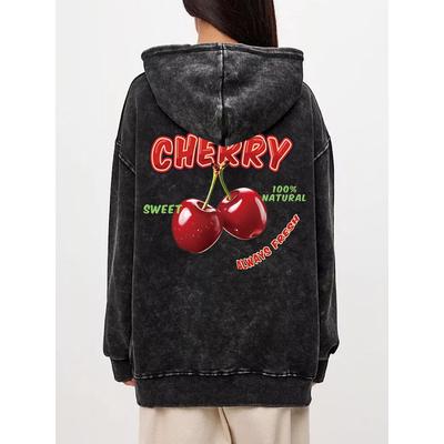 Bavlněné dámské mikiny s kyselým praním Sweet Cherry Aways Fresh Potisk Streetwear Oversize Kapsa Teplé svetry Oblečení