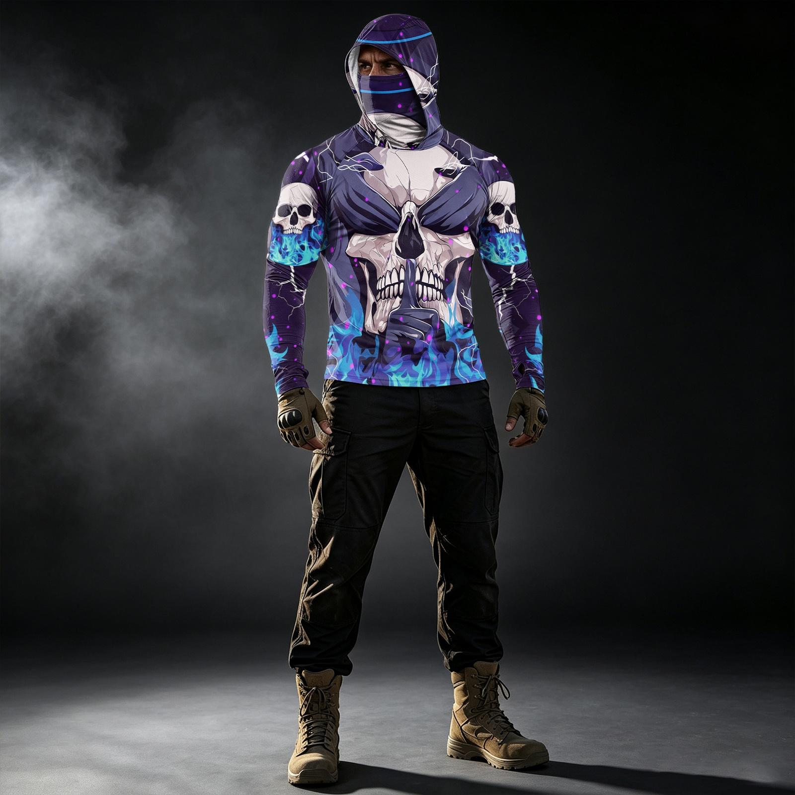 Men s Casual Raglan Color Block Hooded Long Sleeve Printed Sun Shirt XXL