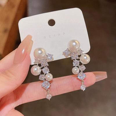 Exquisite S925 Silver Zircon Pearl Geometric Earrings - Trendy, High-End Design for Women