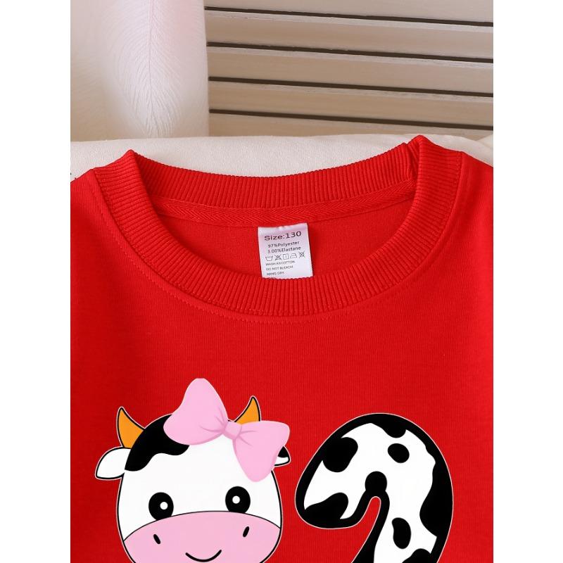 European Sizes Girls' Long-Sleeve Round Neck Sweatshirt "Cute Cow Number Two" Print, Spring/Autumn, Casual, Daily & Sports.