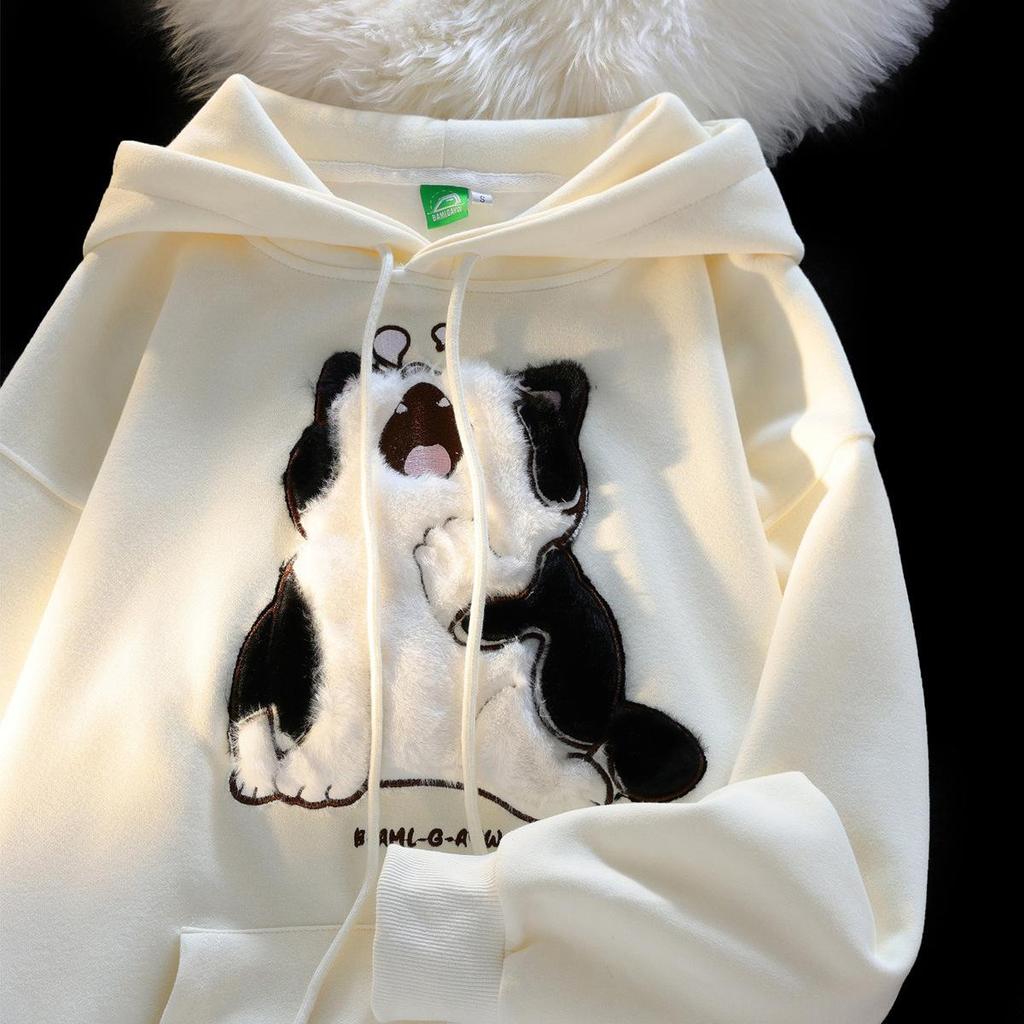 Japanese Retro Cute Flocked Kitten Hooded Sweater for Men and Women New Loose American Brand Couple Coat