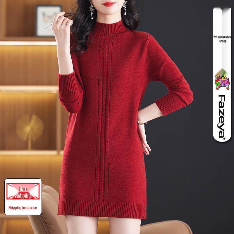 

Женское толстое вязаное шерстяное платье с высоким воротником Hengyuanxiang - средней длины, прикрывающее ягодицы для осени/зимы 2024 M [105] красный