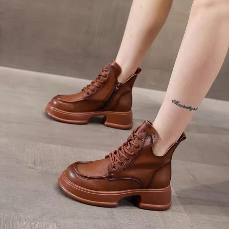 Round Toe Platform Lace-up Booties Leather Fleece-Lined Ankle Boots for Women Autumn Winter Trend 2025 Goth Woman Short Shoes