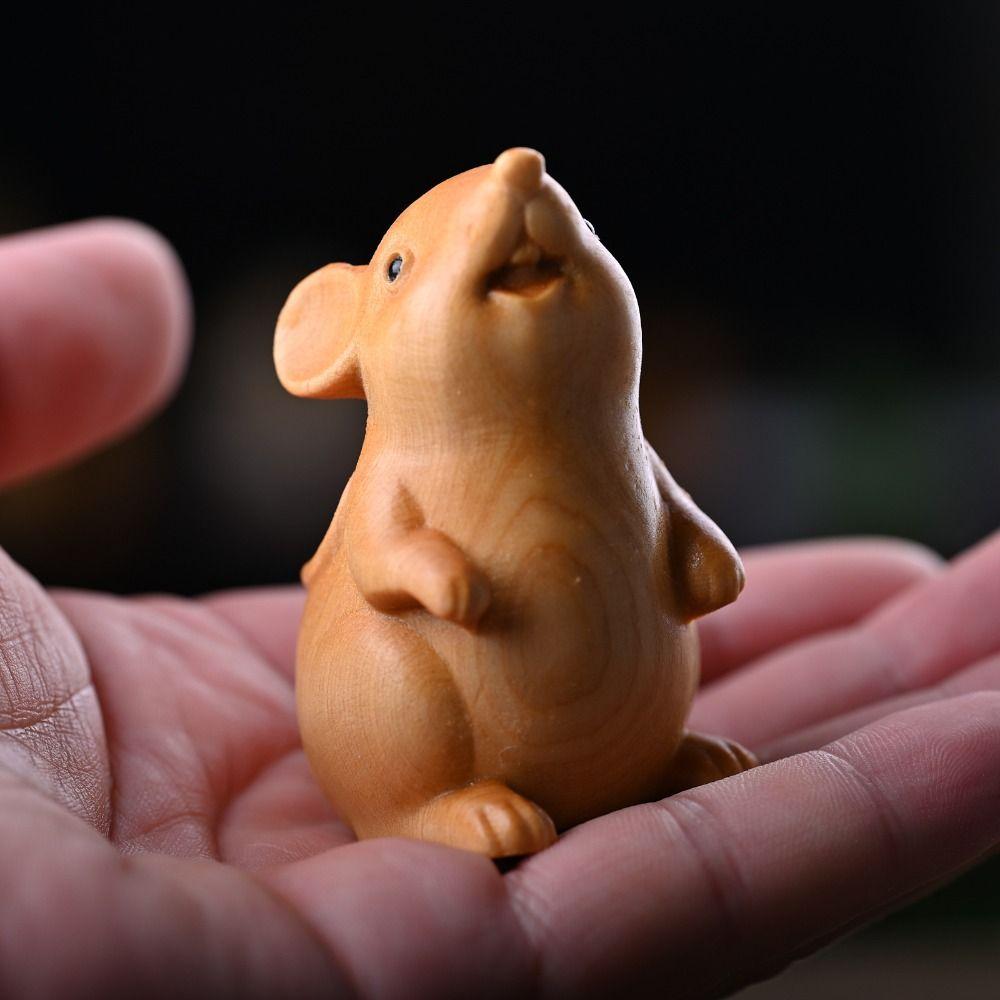 Cute Zodiac Mouse Statuette Wood Carved Animal Figurine Sculpture Home Decor Hamster Statue Home