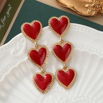 French Romantic Wine Red Enamel Heart Shaped Pendant Earrings  Fashion Jewelry For Women'S Design Sense Eardrop Accessories