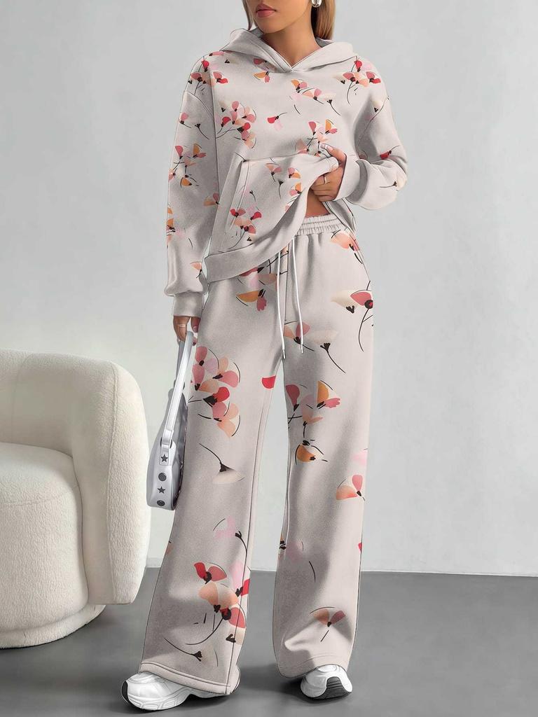 European, American autumn and winter blue splicing flower casual long-sleeved suit women's hooded sweater trousers two-piece set