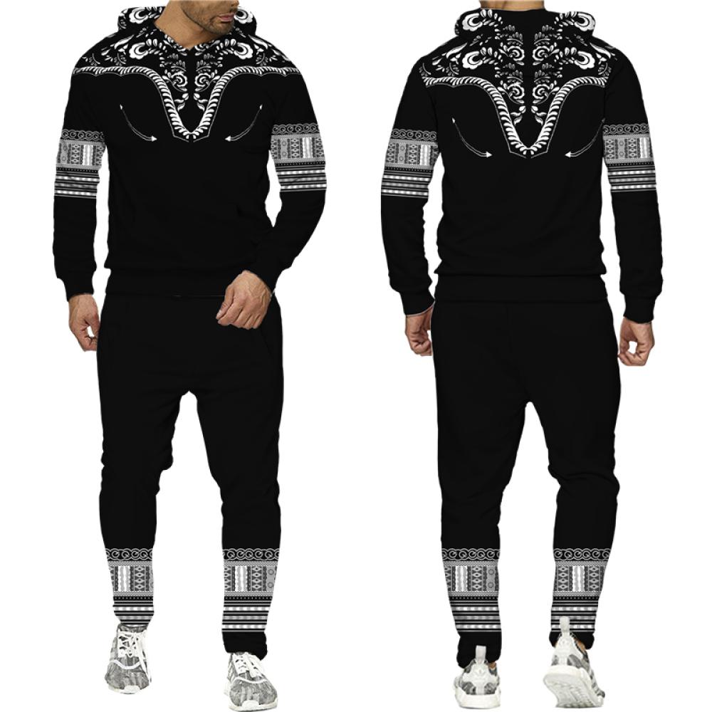 Afrikanischer Dashiki-Hoodie/Anzug für Herren, lässig, 3D-gedruckt, Ethno-Stil, Sweatshirt, Hose, Set für Herren/Damen, Folk-Custom Streetwear-Trainingsanzug