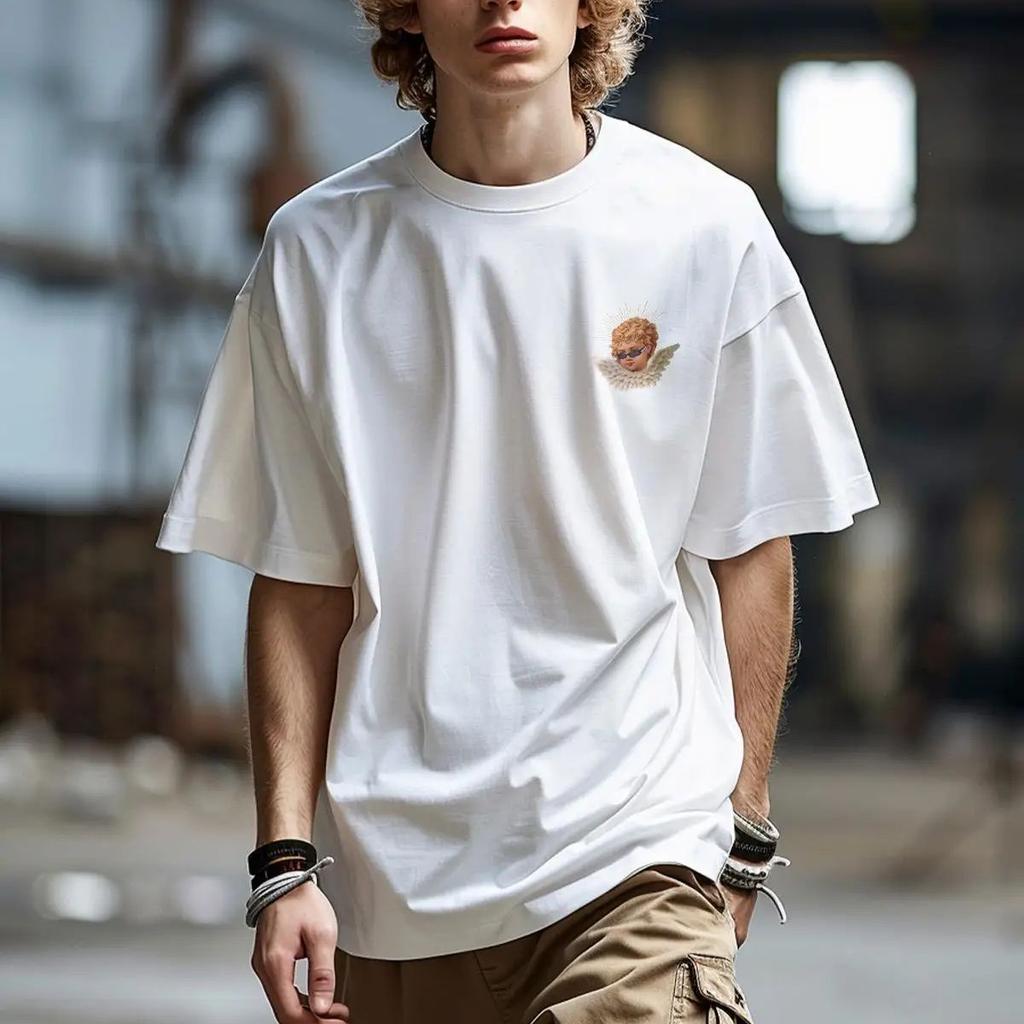 Cute Angel Men Oversized Cotton T-shirts Short Sleeve Hip Hop Tops For Male Fashion Summer Clothing Streetwear O-neck Tees