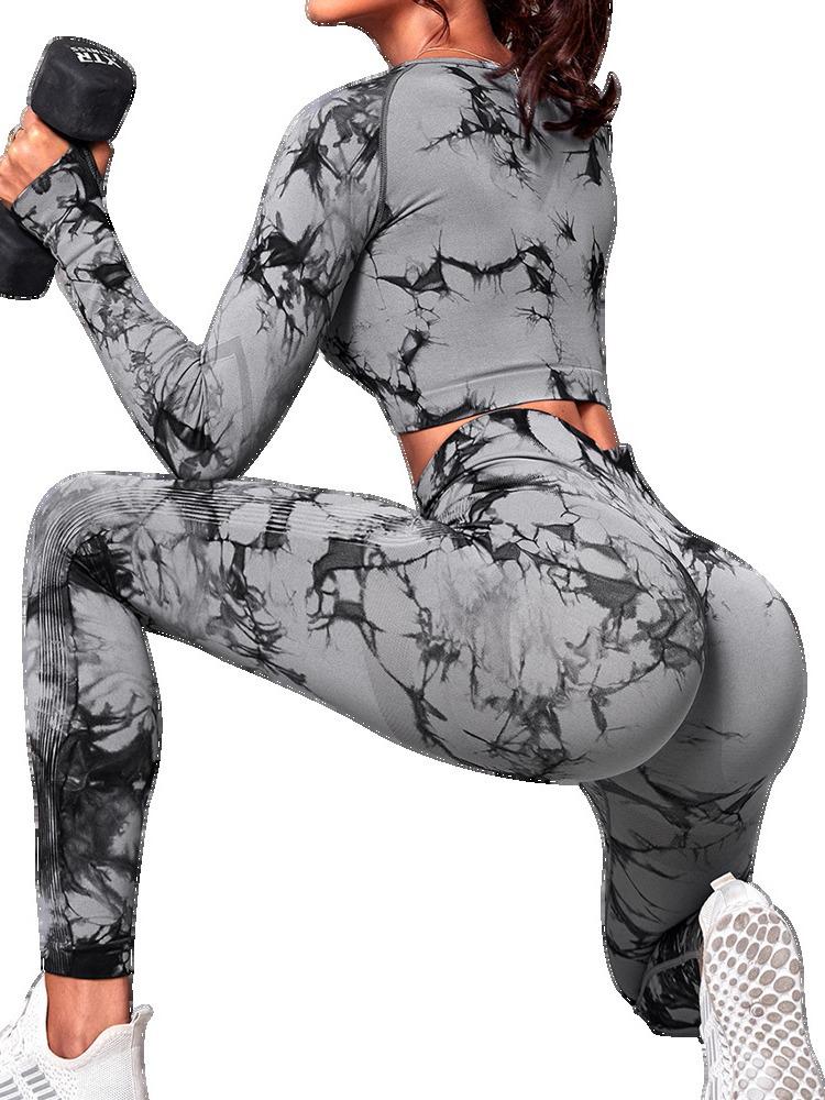 Women's Seamless Tie-Dye Yoga Set: High-Waist Tummy Control Pants & Long Sleeve Top