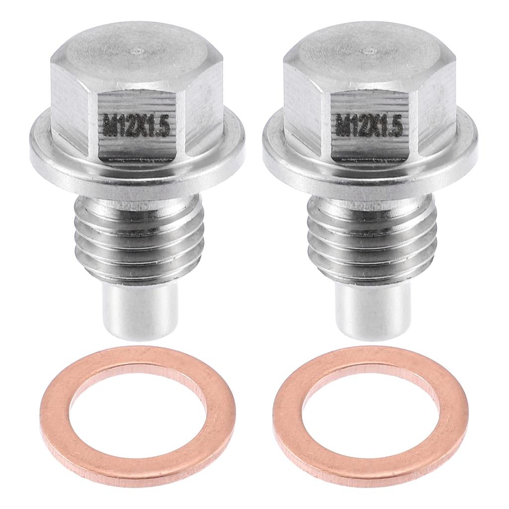A ABSOPRO Car Engine Magnetic Drain Plug Stainless Steel with Copper Washers 2 Pack M12x1.5