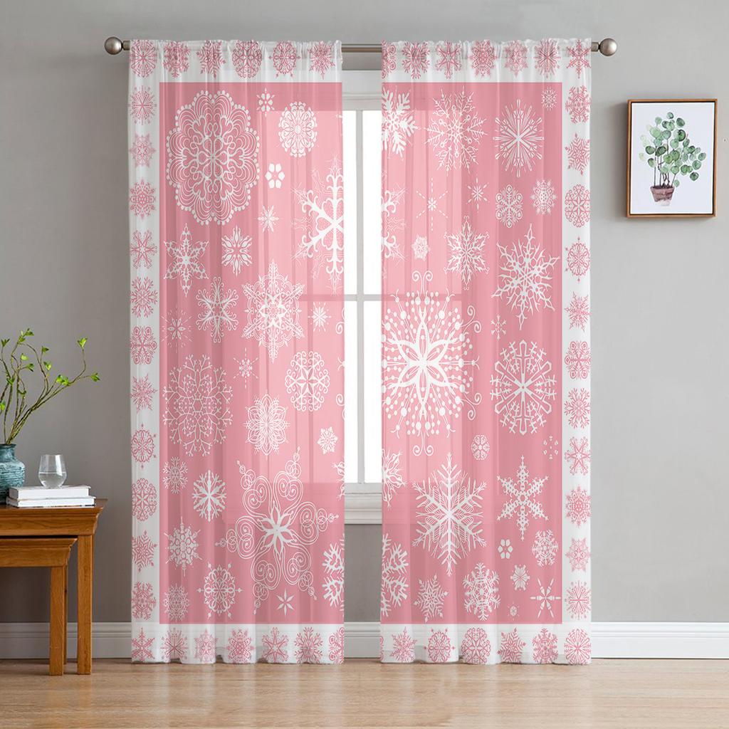 Christmas Snowflake Pink Yarn Curtain Window Tulle Curtains For Living Room Kitchen Sheer Window Treatments Voile Curtains