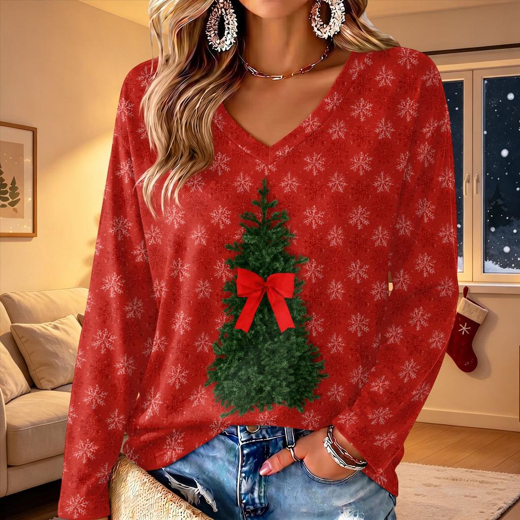 Women's V-Neck Long Sleeve Christmas Print Lightweight Blouse for Spring Summer