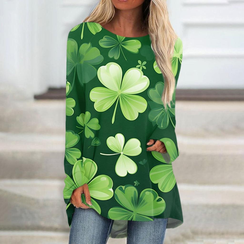 Moda casual pentru femei St. Bluză cu mâneci lungi, lungime medie, cu imprimeu de Ziua Sfântului Patrick