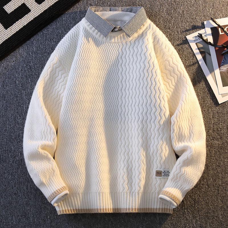 2024 Men's Autumn/Winter Loose Knit Sweater with Shirt Collar, Plus Velvet Two-Piece Look