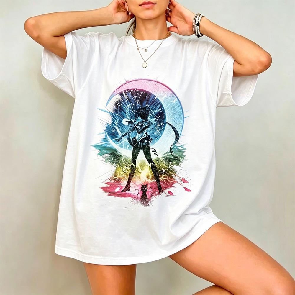 2026new American Retro Cotton Shortsleeved Tshirt With Sailor Moon Print Suitable For Both Unisex And Unisex Casual Street Style