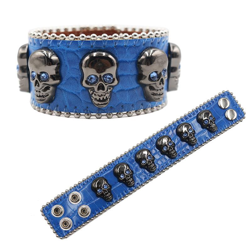 European and American Skull Buckle Rhinestone Bracelet, Personalized Diamond-encrusted PU Leather Jewelry
