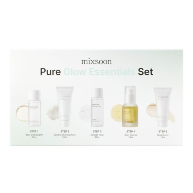 mixsoon Набор Pure Glow Essential Набор для ухода за кожей: Очищающее масло с бобами, Пенка-тонер с центеллой, Эссенция с бобами и Крем с бобами, Корейский уход, Дорожный набор