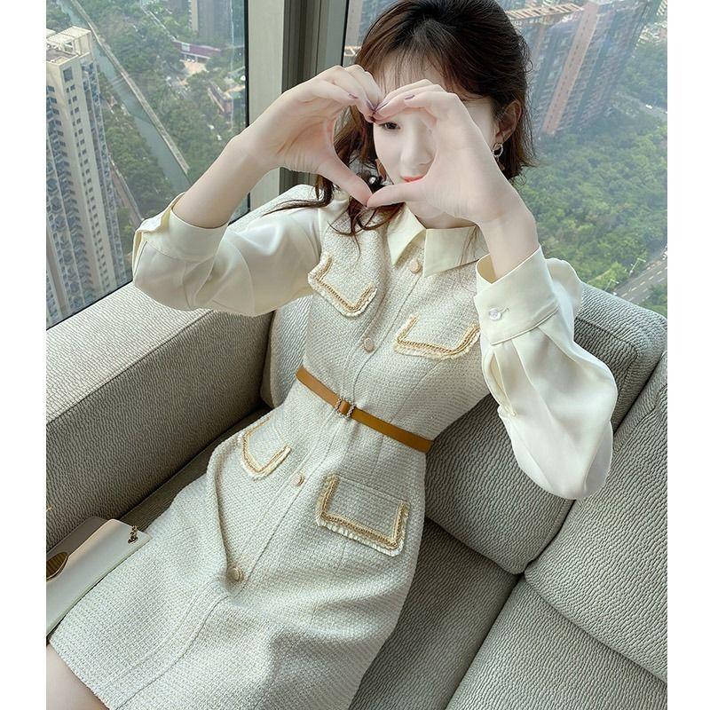 

2025 новый темперамент юбка новый легкий роскошный нежный женский лацкан маленький ароматный стиль мода с длинными рукавами платье XL