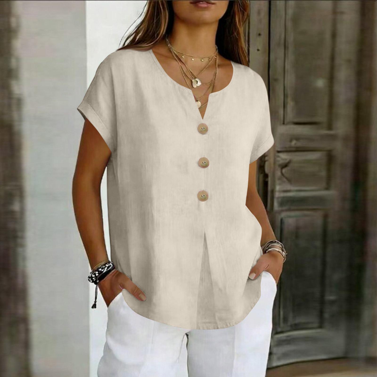 

Women s Casual Short Sleeve V-neck Button Top L бежевый