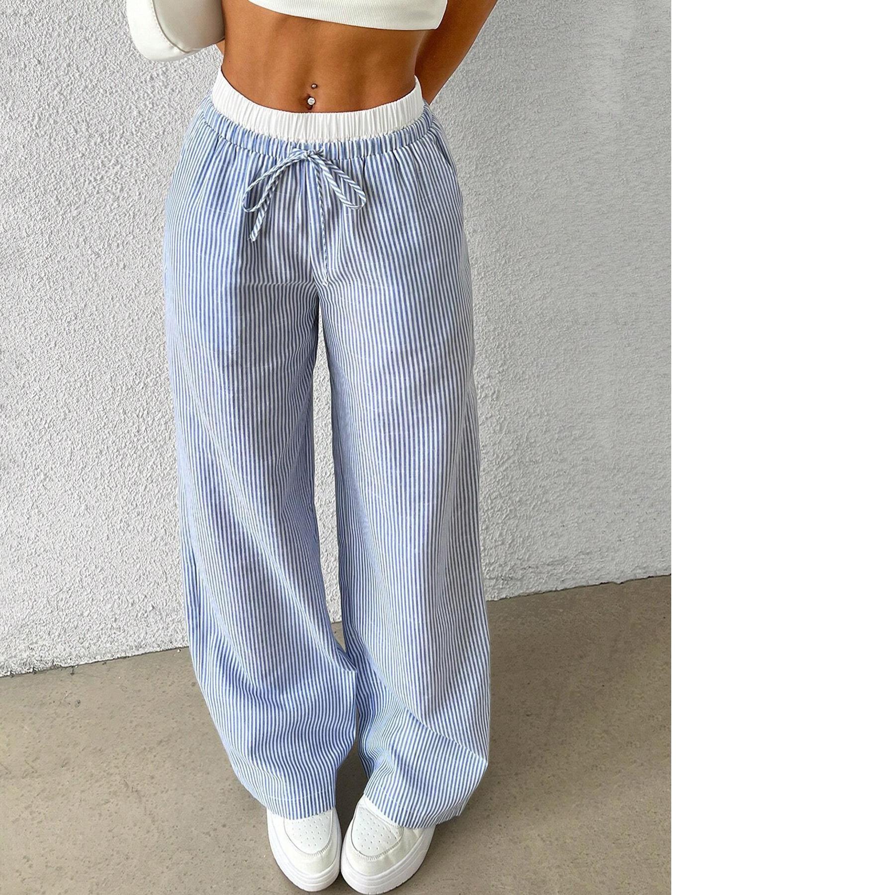 

Summer Women s Casual Striped Women Wide Leg Pants Casual Stylish Length Trousers Striped Plaid Color-blocking Loose Wide-leg Pants Casual Pants XS синій