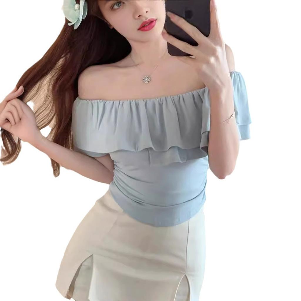 Niche Spice Girl Shoulder Pure Desire Short Sleeve T-Shirt Women's Summer Lotus Leaf Temperament Design Sexy Short Top