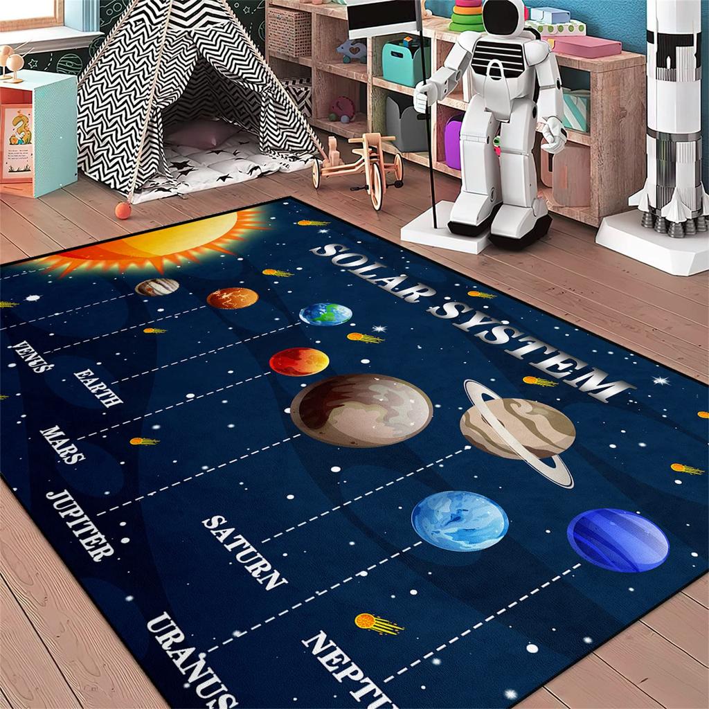 VIKAMA Solar System Planets Theme Rug Bedroom Educational Learning Mat Soft Non-Slip Indoor Area Children's Rug Home Decor